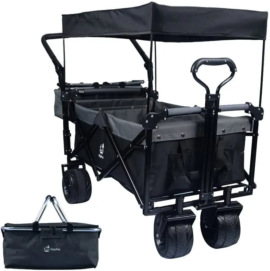 

Collapsible Wagon Heavy Duty Folding Wagon Cart with Removable Canopy, 4" Wide Large All Terrain Wheels, Brake, Adjustable Handl