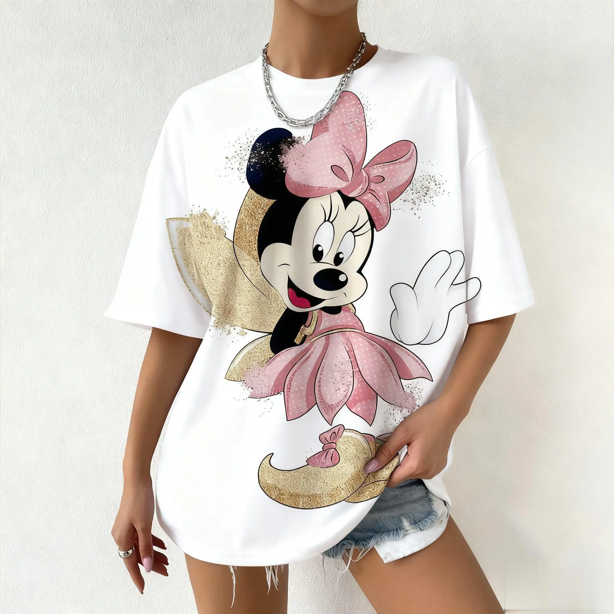 ديزني ميكي ميني ماوس الجرافيك تي شيرت النساء الرجال لطيف الكرتون طباعة قصيرة الأكمام المحملة القمم ملابس الشارع الشهير موضة الصيف