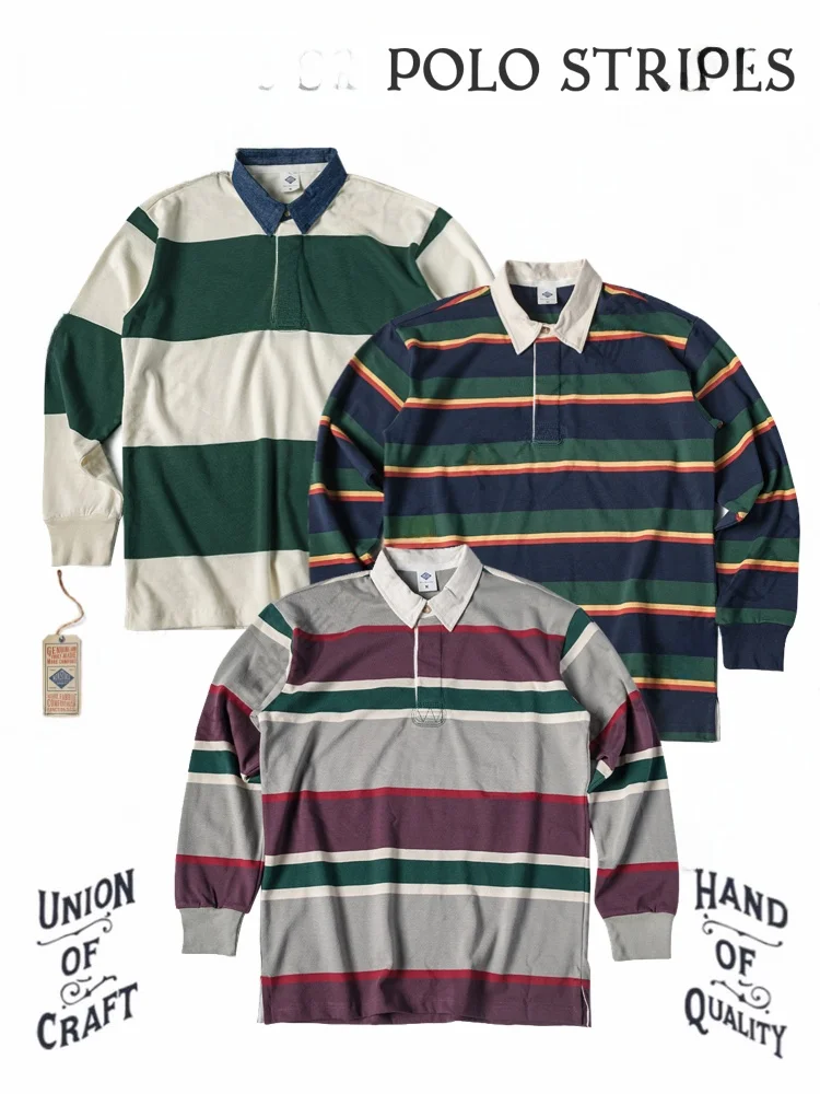 Amercian Retro Long Sleeve  Shirt Striped Ivy League Collar T-Shirt Youth Fashion Cotton Classic Style Four Seasons Wear
