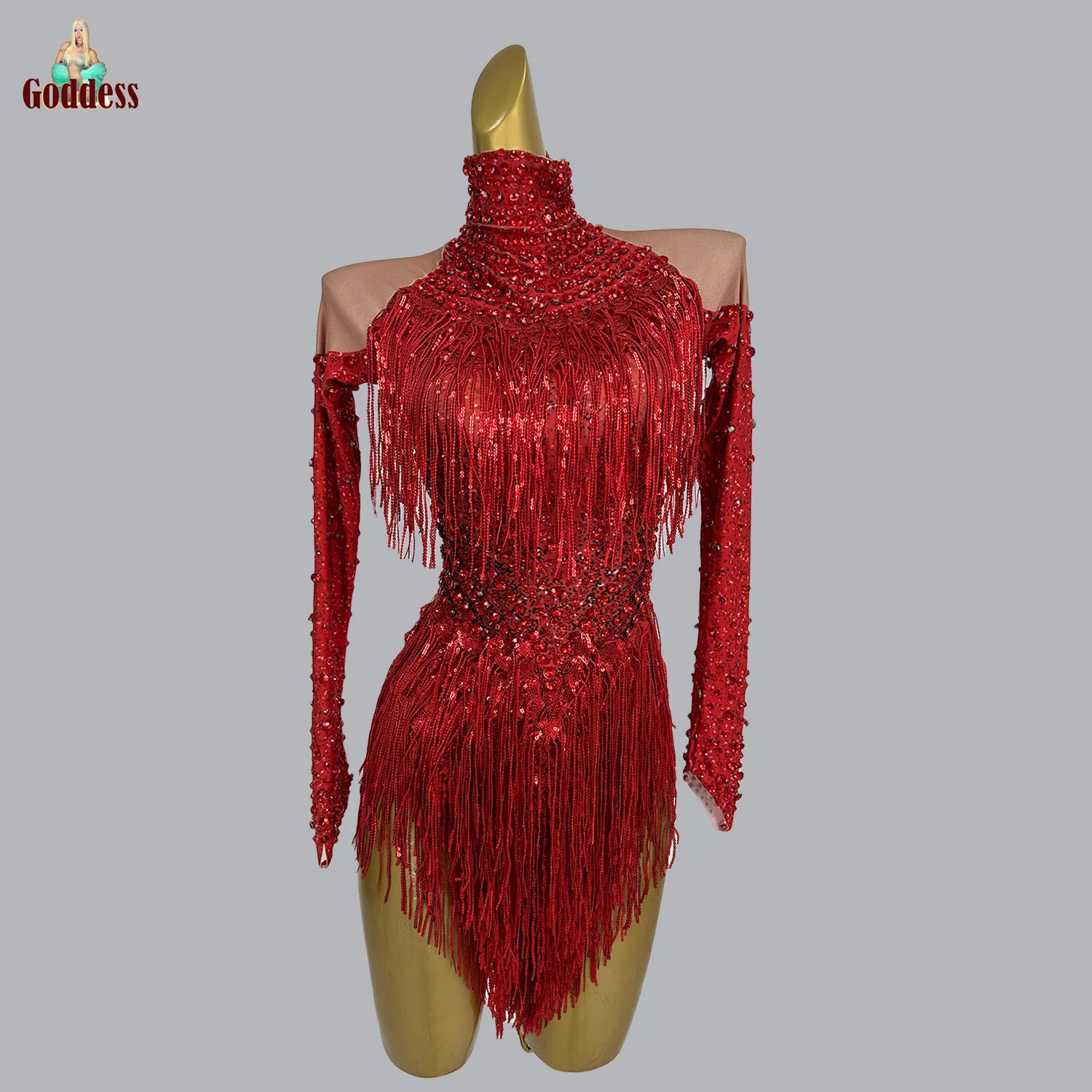 

Fashion Red Sparkly Tassel Bodysuit for Women Stage Performance Costume Nightclub Sexy Dance Show Wear Elastic Spandex Bodysuit