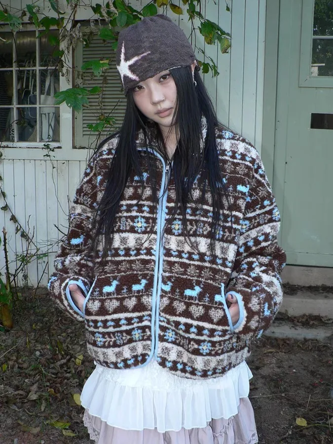 Retro fair isle bordado lapela cor blo pele de cordeiro jaet feminino inverno aosphere solto preguiçoso sle casaco de algodão na moda