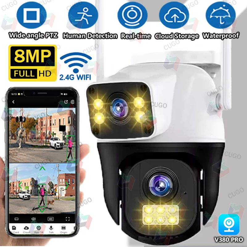 

8MP 4K Wifi Camera Outdoor Dual Lenses Waterproof IP Camera Color Night Vision AI Human Tracking CCTV Camera 10X Digital Zoom