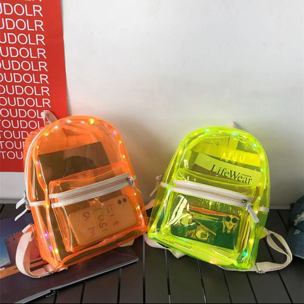 

Large Capacity LED Lights Schoolbag Adjustable Straps Waterproof PVC Transparent Backpack Zipper Close Visible