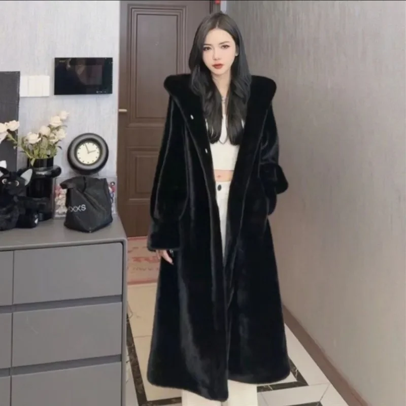 Mink Hooded Medium Long Winter New Mink Jacket with National StyleThickened with Hat Fluff Autumn Winter Anti-season Clearance