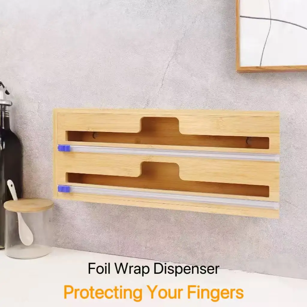 Reusable Household Bamboo Dispenser for Foil Tin Kitchen Wrap Storage Portable Restaurant Home Organizer with Cutter