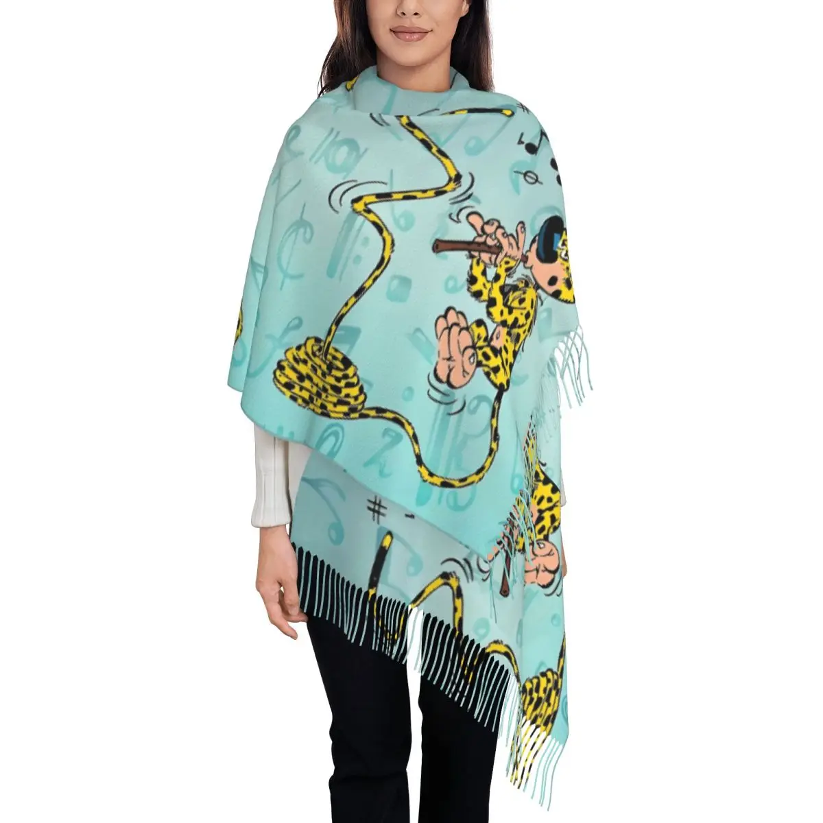 

Роскошный мультяшный шарф с кисточками Marsupilami, женский зимний теплый платок, женская с флейтой, аква-дизайн Шарфы