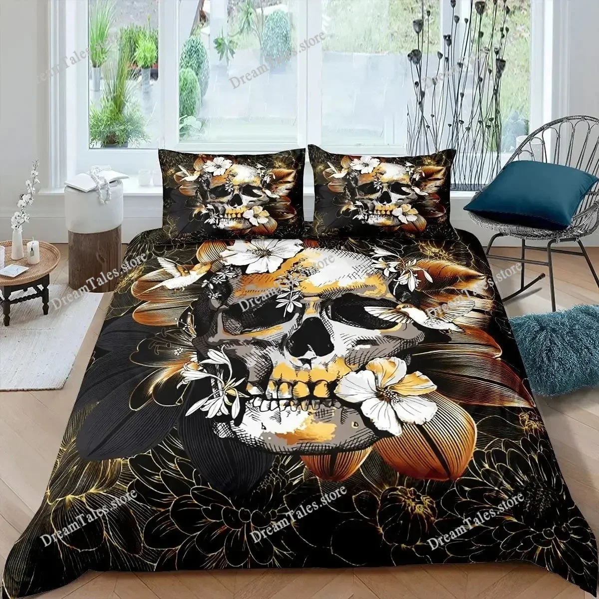 Gothic Sugar Skull Bone Bedding Set Skeleton Hand Comforter Cover Rose Leaves Romantic Flowers Home Textileextile Luxury Gift