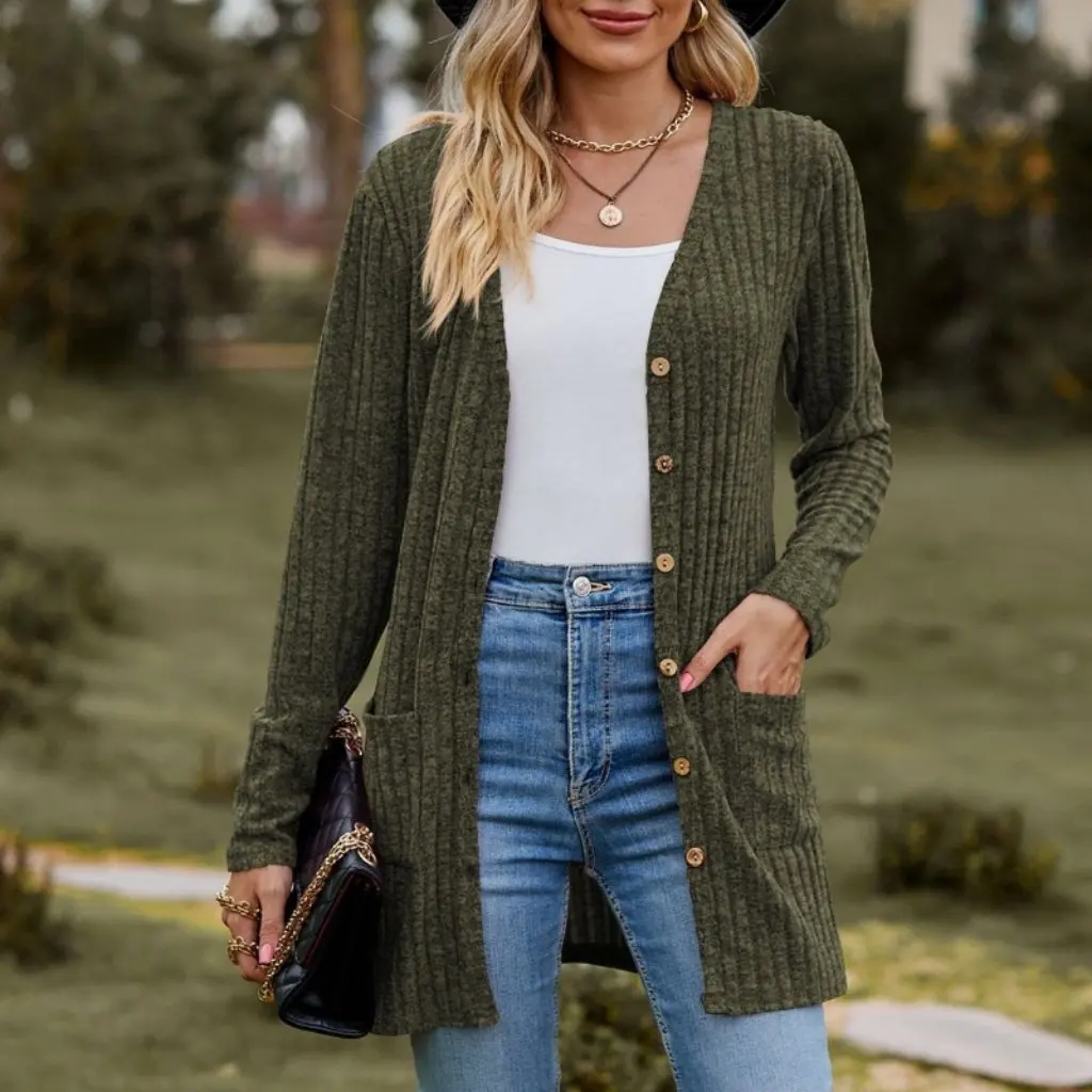

Women's Long Sleeve Cardigan Jacket Solid Color Brushed Pit Autumn New Fashion Women's Open Front Knitwear for
