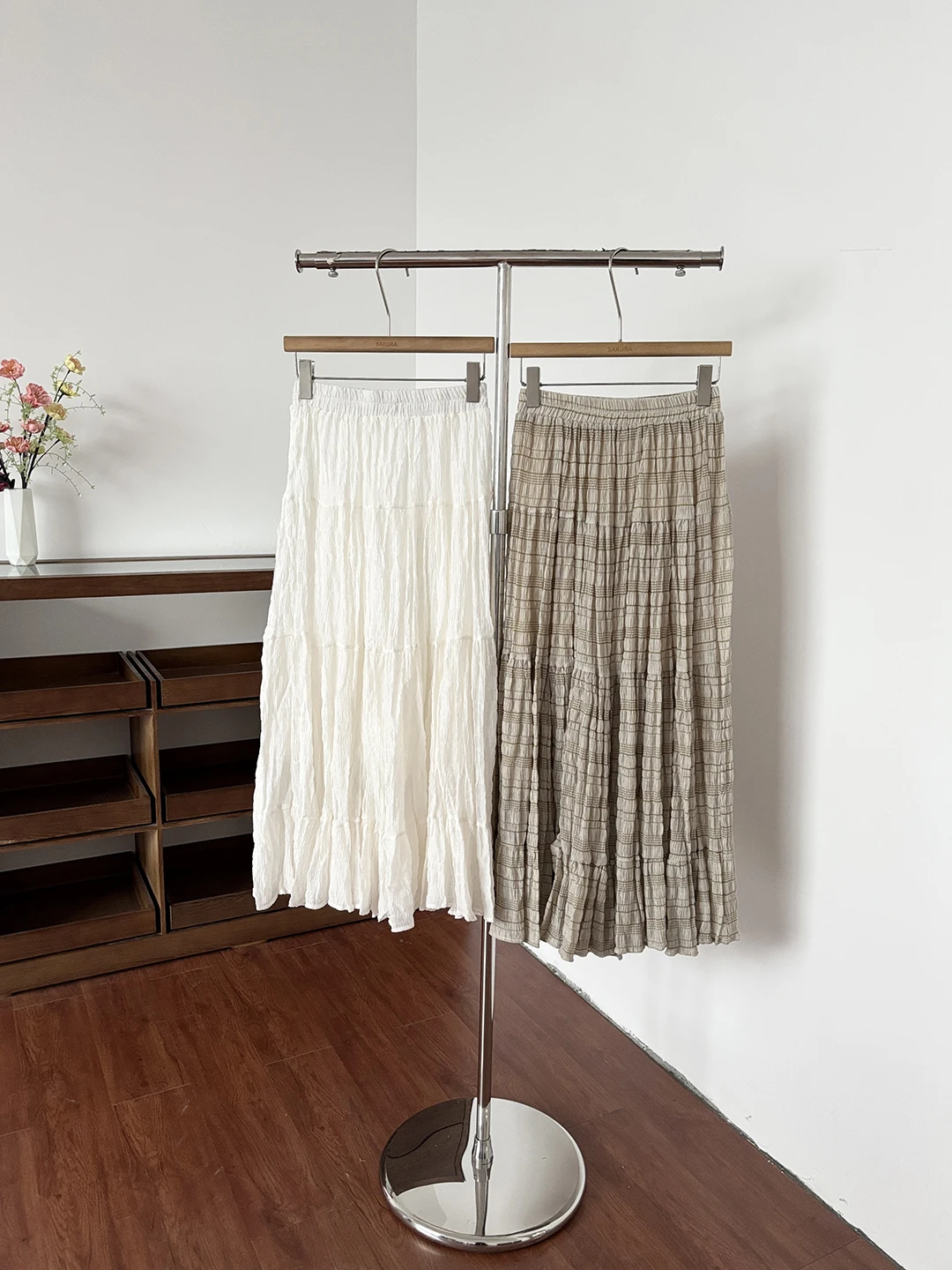 

High Waist Pleated Summer Casual Women's Skirt A-Line Midi Skirt Plaid Anti-Aging Slimming Korean Style Polyester Fiber