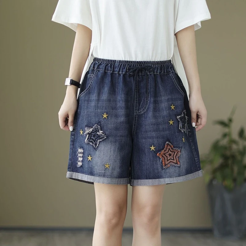 

Denim shorts summer embroidered new high waisted ripped hole casual elastic waist straight tube loose fashion casual shorts