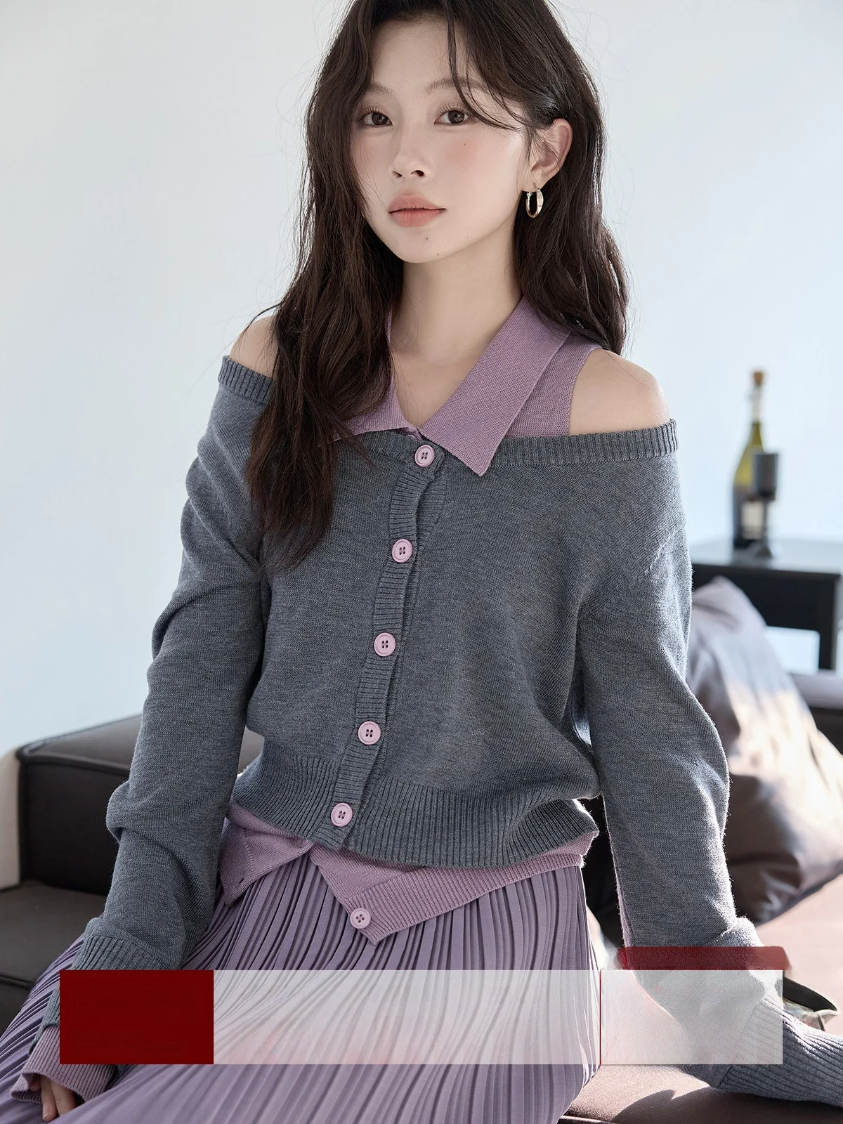 

Вязаный свитер HuiXi для женщин: модный кардиган с открытыми плечами, имитация двухслойности, новинка зимы