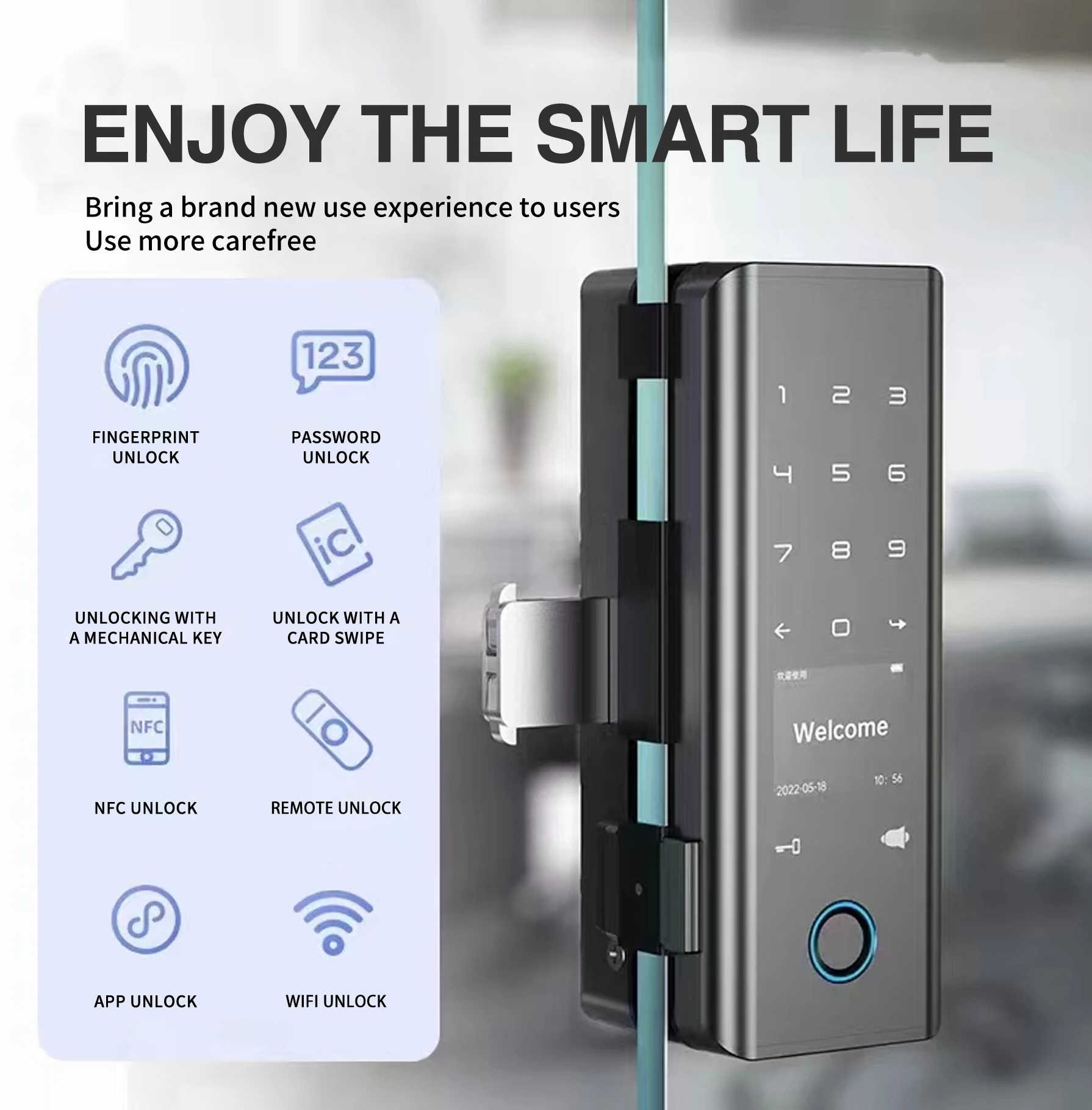 TUYA-Electronic Digital Smart Lock, senha temporária, impressão digital, cartão magnético, Bloqueio de porta de vidro, Home Door Lock