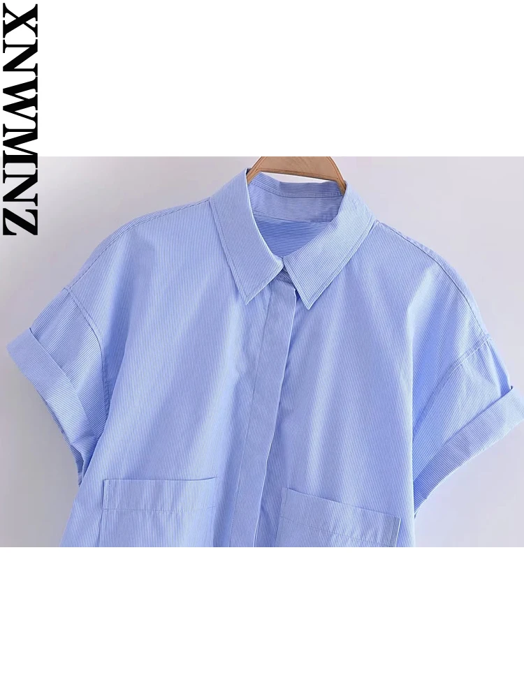 XNWMNZ Women Fashion Crop Poplin Shirt High Street lapel Neck Short Sleeve Patch Pocket Front Button Female Chic Blouse