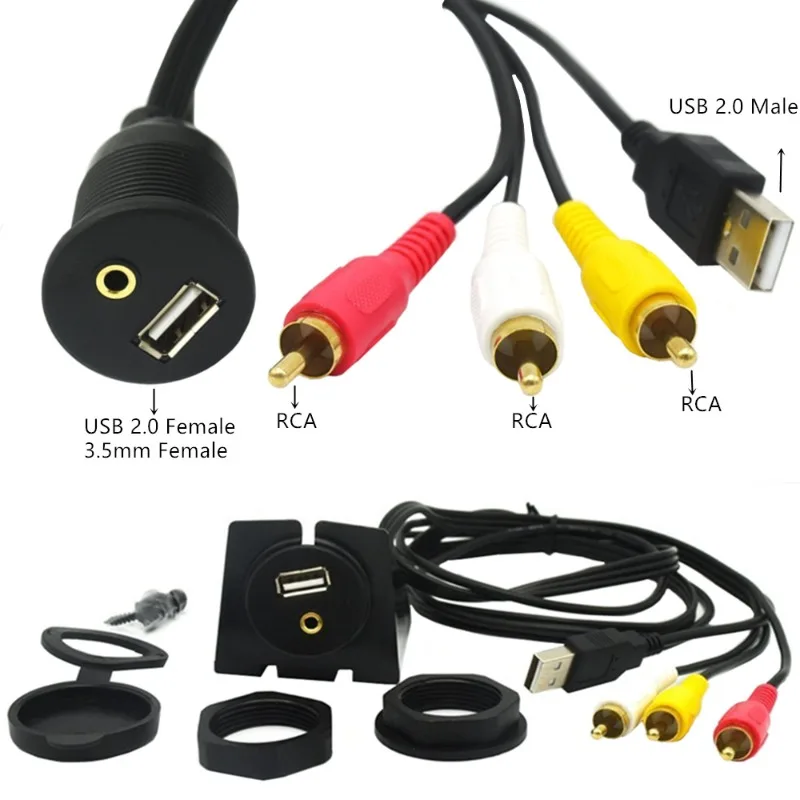 Car Motorcycle Dashboard Cable with Bracket USB Audio Waterproof Cable AM/AF + DC3.5 F/3RCAM