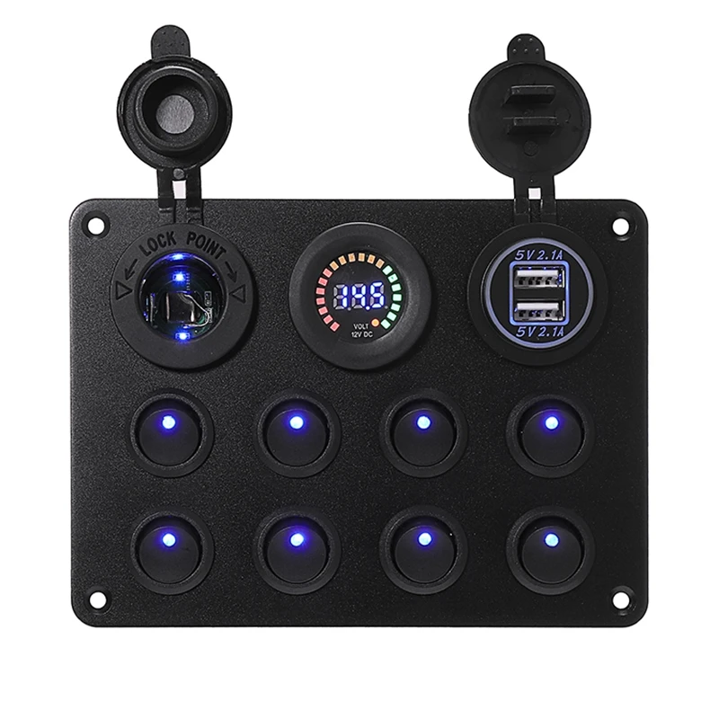 8 Gang Marine Boat LED Circuit Breaker Toggle Switch Panel with Digital Voltmeter Dual USB Port for Car Boat RV Truck