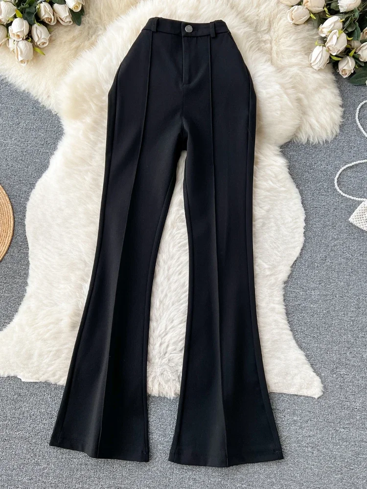 Spring Summer Korean Style Long Pants Women High Waisted Bell Bottom Pants Female Solid Color Pleated Split Pants Trousers