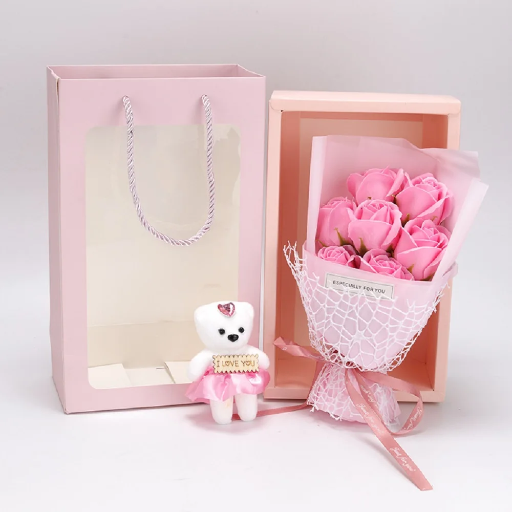 7 Artificial Flower bundle Mother\'s Day Soap Rose Bouquet With Bear Gift Box Creative Birthday Party Gift For Girlfriend and Mom