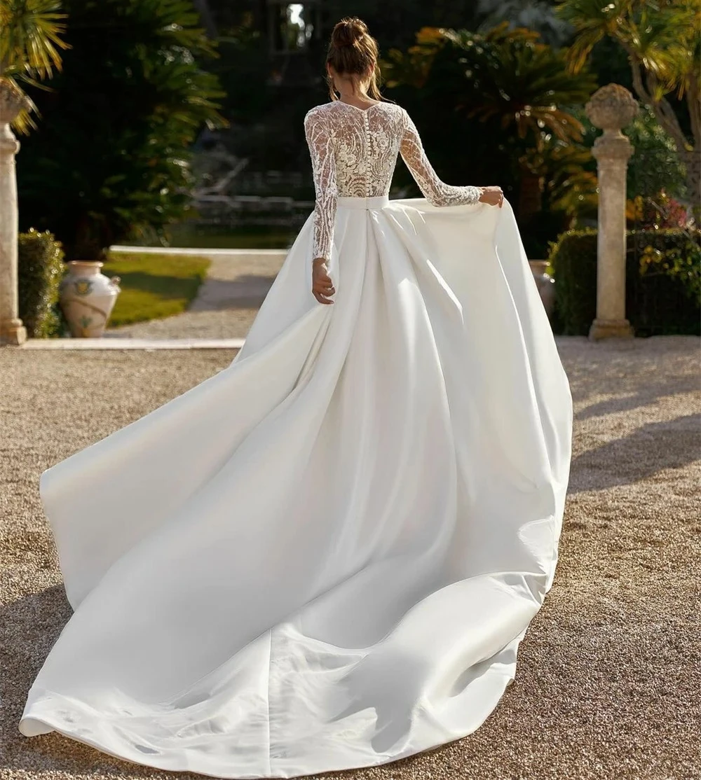 Personalizado elegante vestidos de casamento de cetim o-pescoço renda vestido de baile plissado mangas completas vestido de baile de noiva vestidos de noiva de alta qualidade