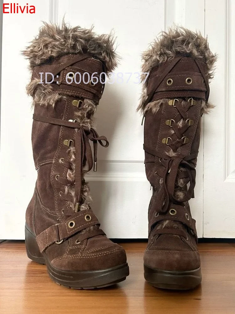 Women Round Toe Fur Trim Knee High Boots Suede Lace Up Buckle Strap Wedge Heel Winter Warm Fashion Boots For Outdoor Daily Wear