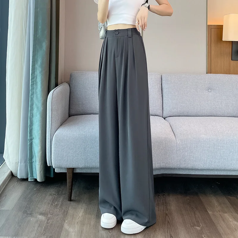 

Летние женские брюки 2025 года с высокой талией из ледяного шелка, повседневные, свободные, прямые, в пол, комфортного кроя