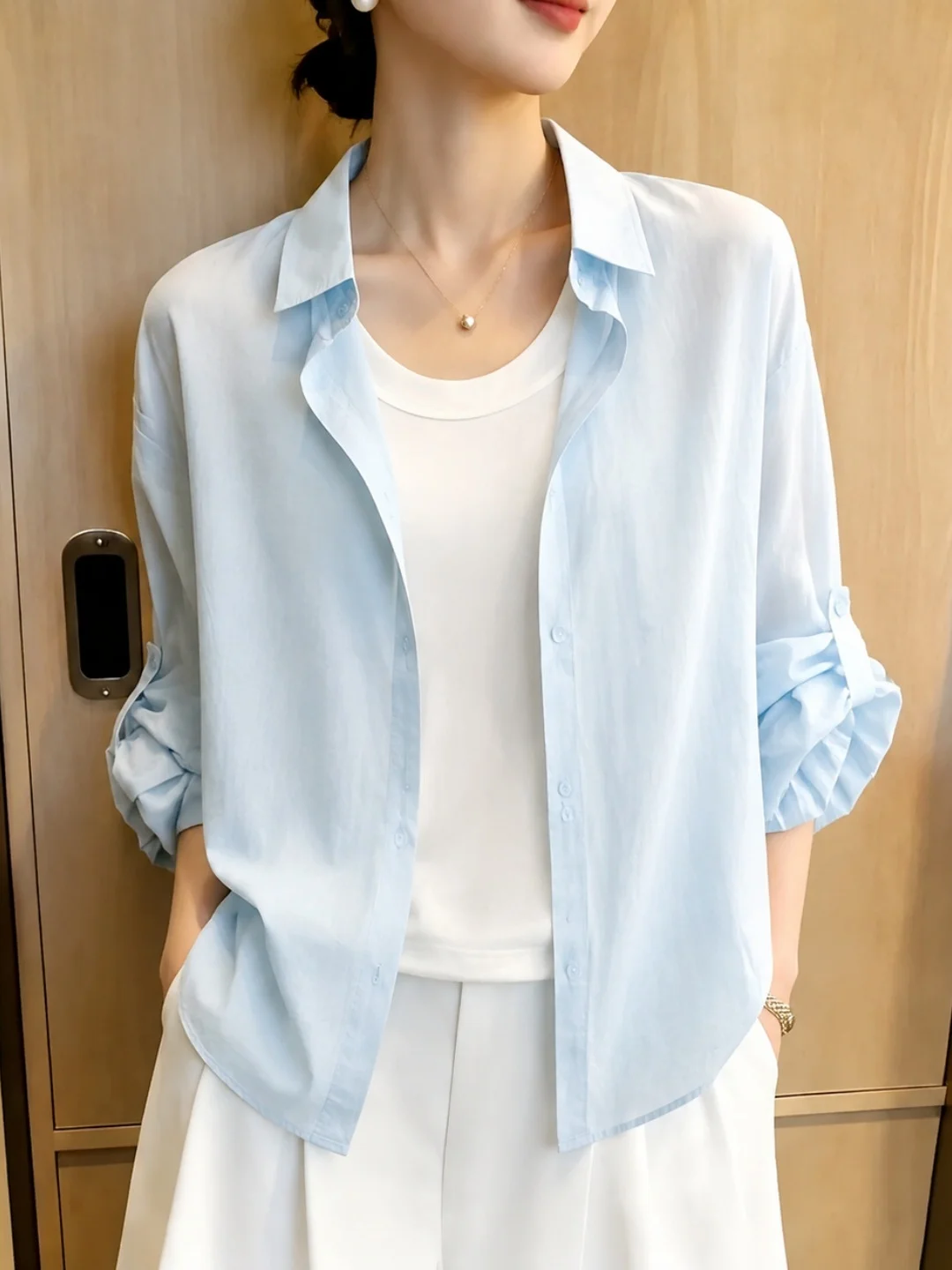 Slimming Effect Commute Shirt  Collar Single Button Korean Style Women's Fashionable Ageless Straight Cut Silk Top