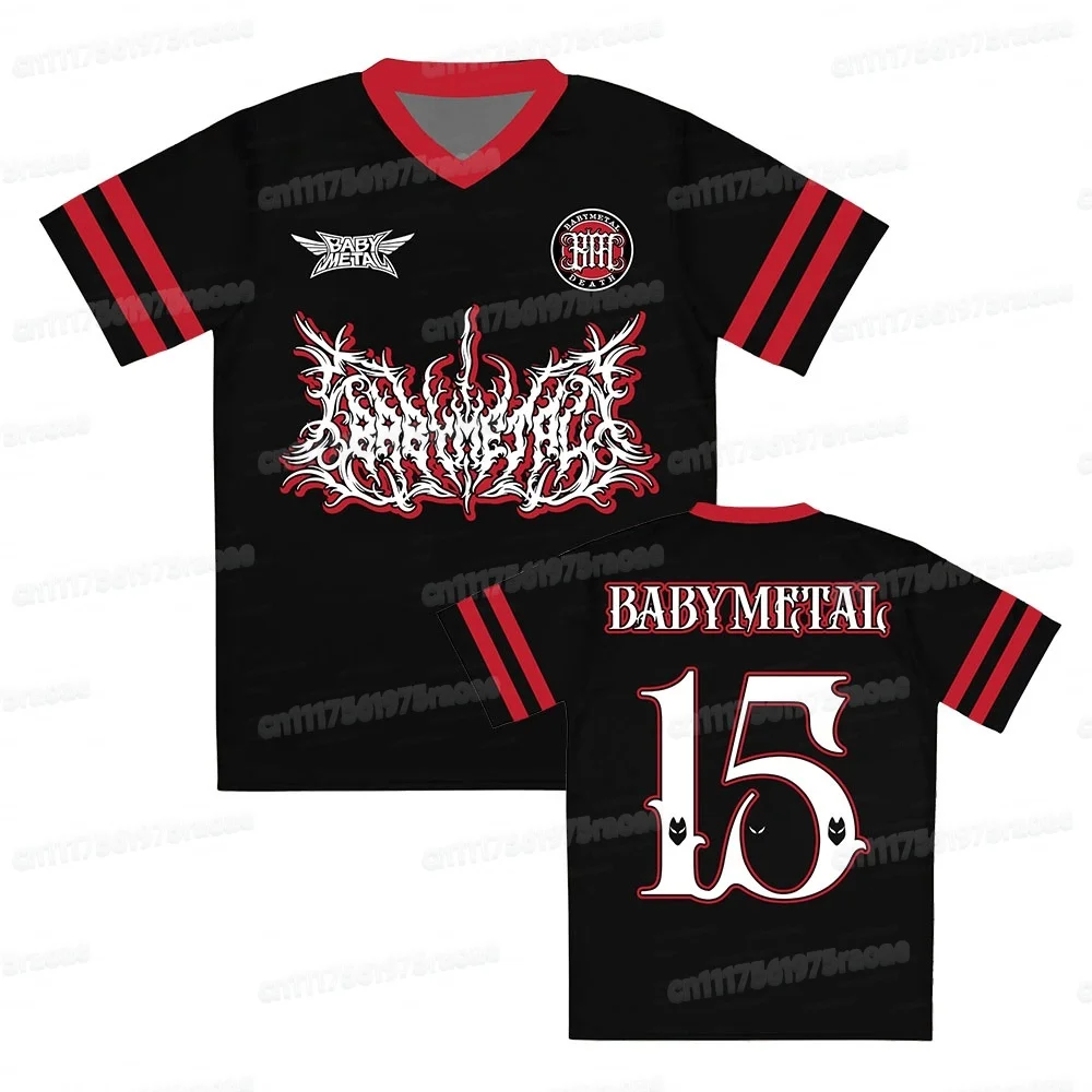 Fußballtrikot Unisex V-Ausschnitt Sportshirt Schwarz mit rotem Rand Kurzarm-T-Shirt Gothic Dark Metal Grafikdruck T-Shirt FamilyMatching – Detail 5