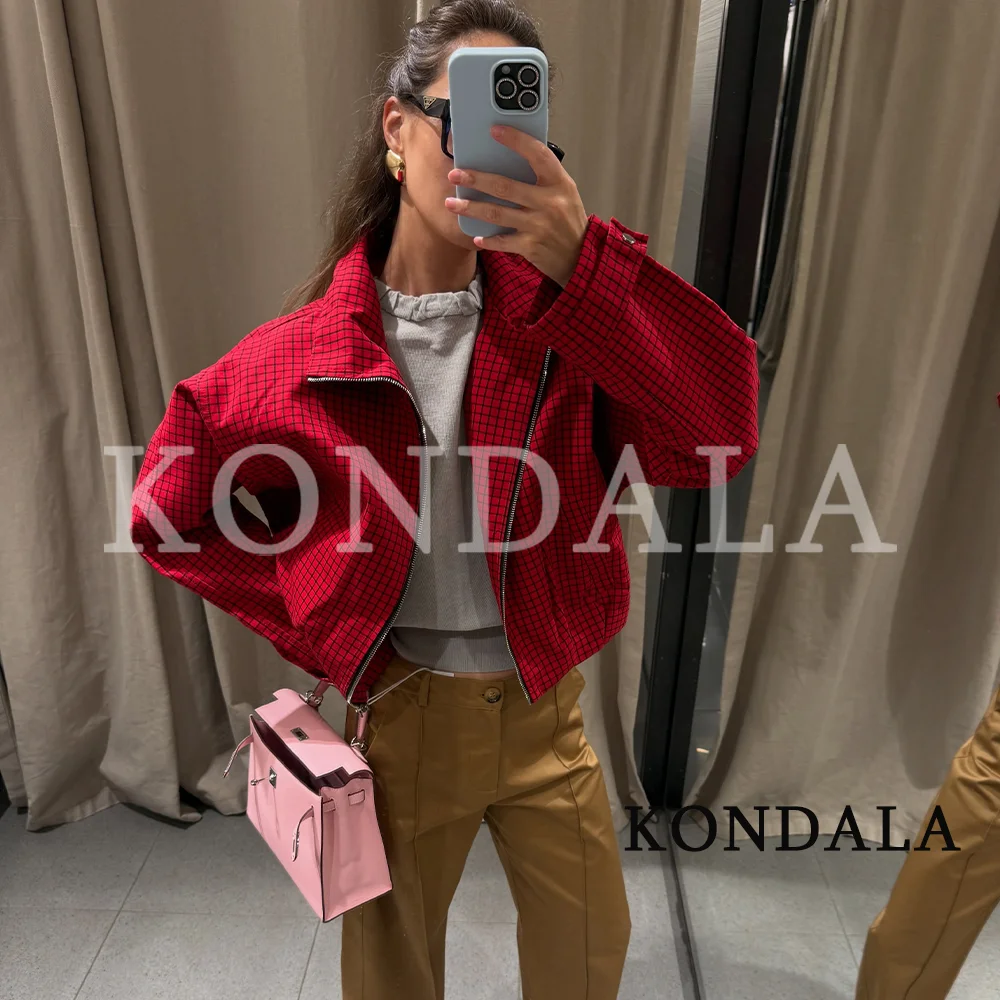 KONDALA Women Chic Plaid Bomber Jacket Vintage Street Stand-Collar Jacket 2026 Early Autumn/Fall Trendy Elegant Casual Jackets