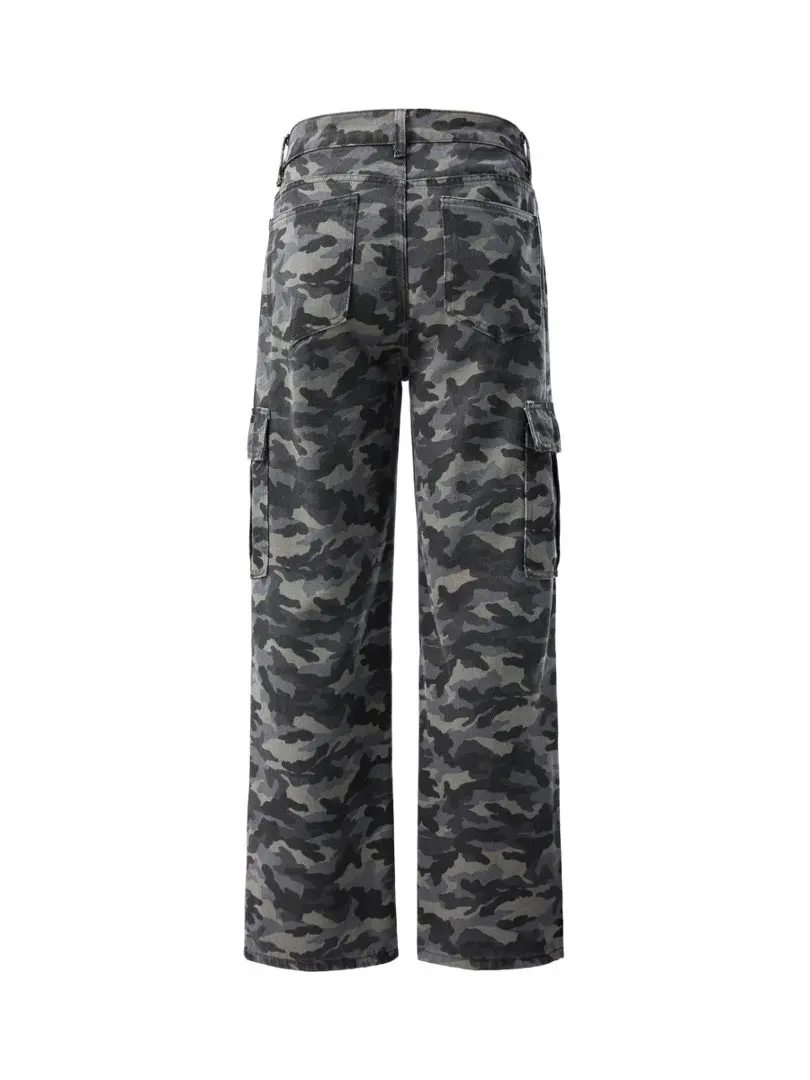 

American camo wide-leg cargo jeans for men, multi-pocket functional design, distressed washed slimming floor-length pants
