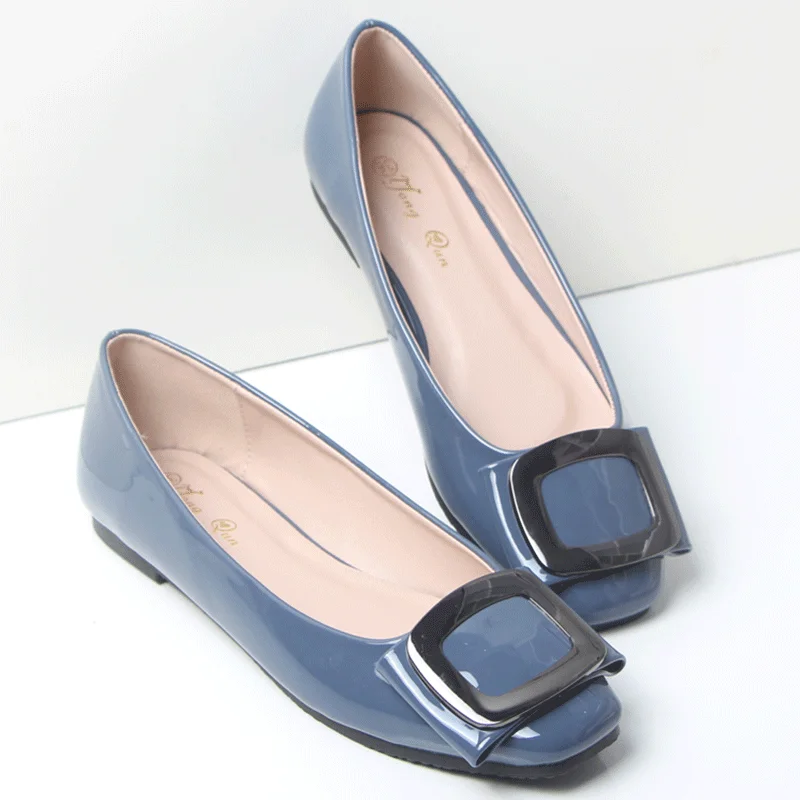 Large Size 41 42 43 44 45 Women Flat Heel Shoes Square Head Patent Leather Shoes Lady Flats Soft Sole Metal Decoration