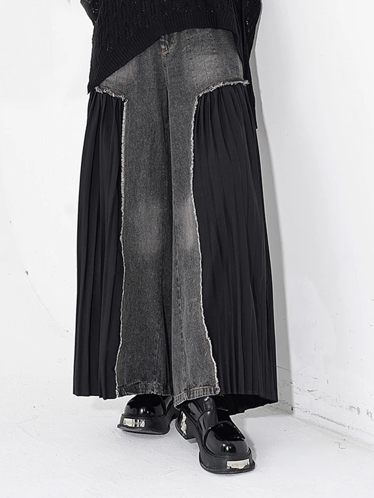 [EAM] High Elastic Waist Blue Denim Pleated Long Wide Leg Pants New Trousers Women Fashion Tide Spring Autumn 2024 1DH5079