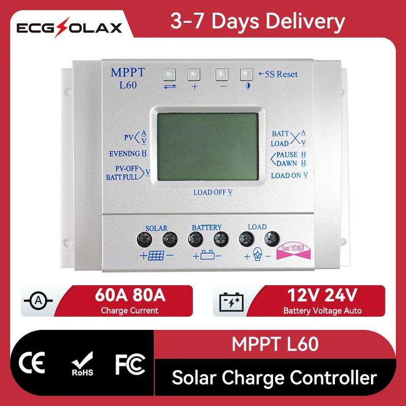 

ECGSOLAX 80A 60A MPPT контроллер заряда солнечной батареи 12 В 24 В автоматический ЖК-дисплей солнечная панель регулятор заряда батареи контроллер