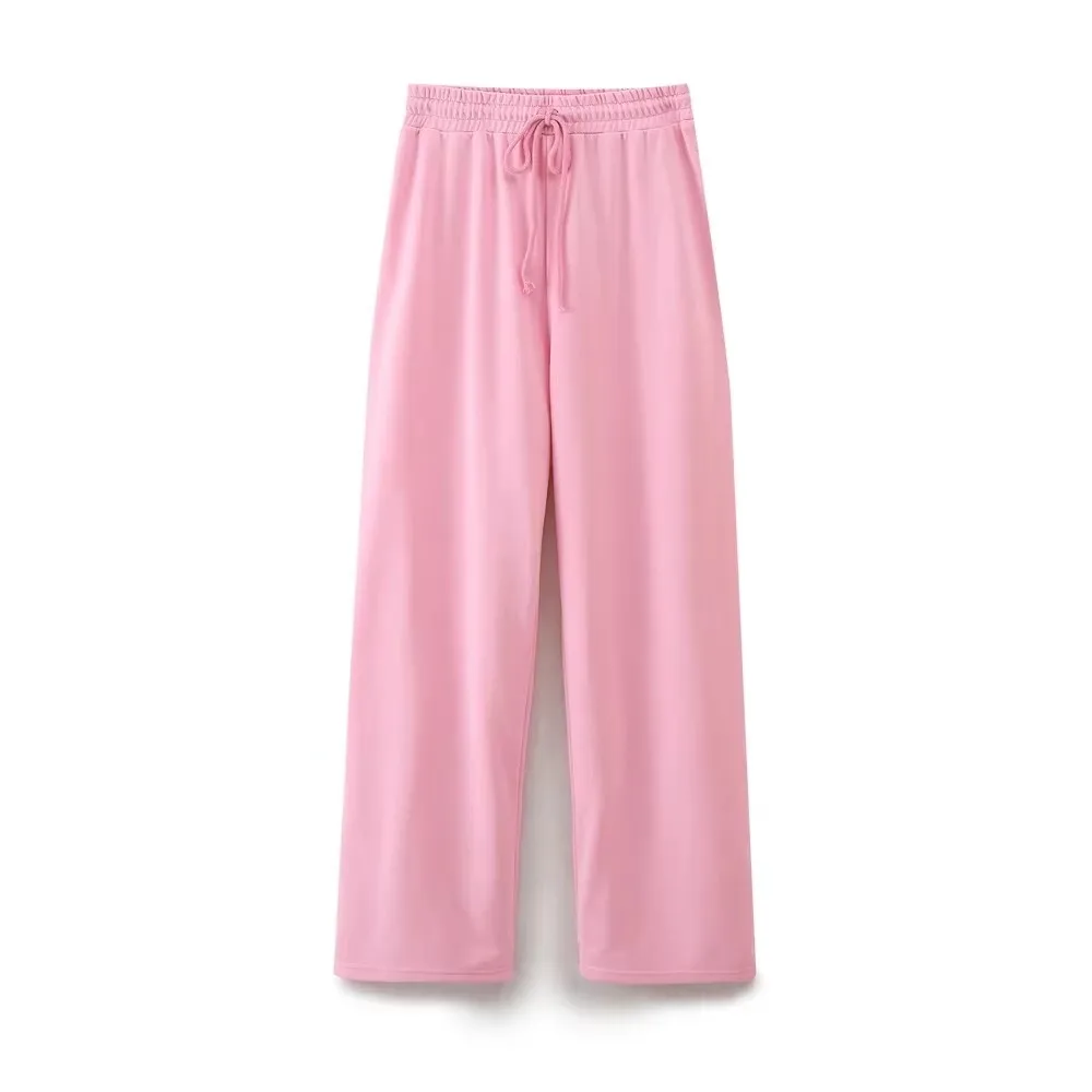 HH Spring Women Casual Straight Pant Sweet Pink Drawstring Loose Trousers 2024 New Fashion Solid Woman Jogging Pants