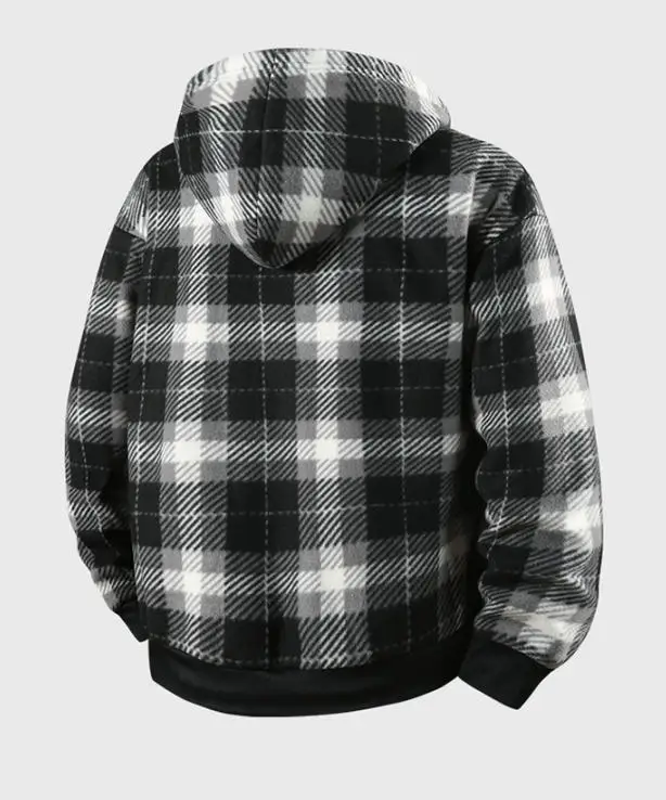 Neue modische, mit Fleece gefütterte, lässige Herren-Hemdjacke mit Kapuze und Karomuster – Detail 3