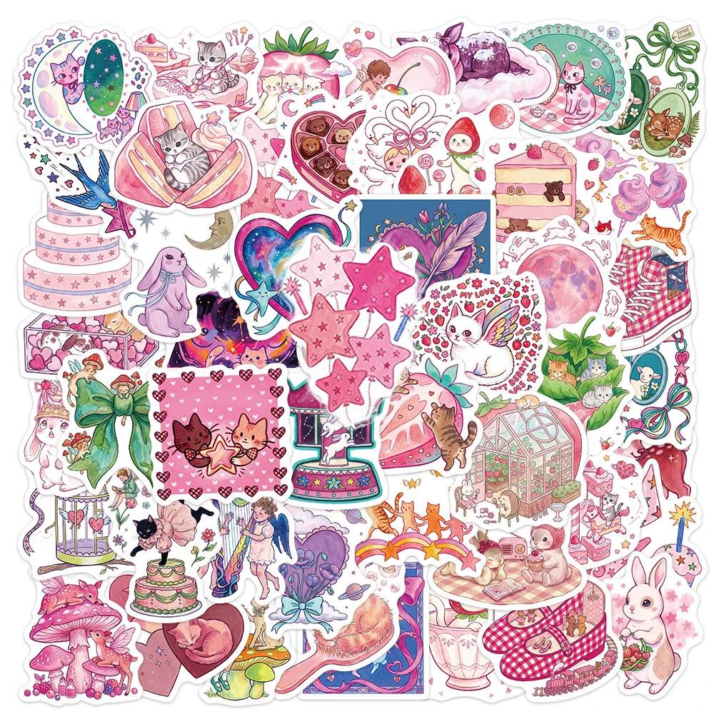 10/30/50pcs Kawaii Pink Fairy Tale Style Stickers Cute Cat Rabbit Cartoon Decals Suitcase Guitar Phone DIY Aesthetic Sticker Toy