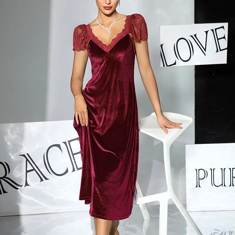 

Retro Velvet Deep V Nightgown Lace Short-sleeved Decorative Mid-length Skirt Black Wine Red Multi-color Home Leisure