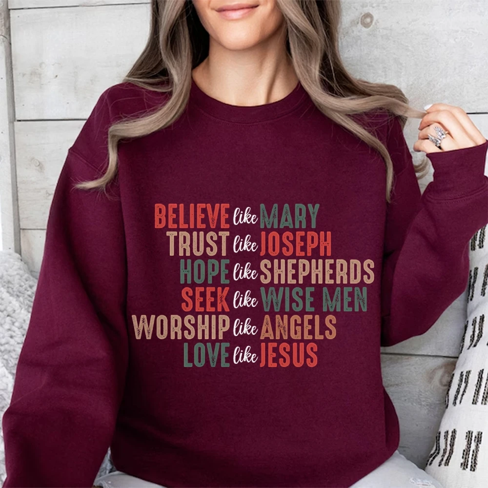 Christian Christmas Sweatshirt Believe like Mary Sweater Christmas Faith Jesus Sweatshirt Long Sleeve Top Gift For Christian