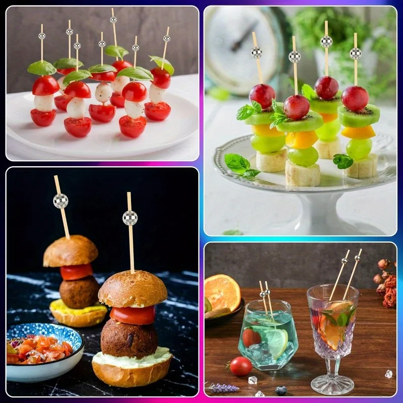 Cocktail Picks Disco Ball Decor, Fancy Toothpicks for Appetizers, Bamboo Skewers for Appetizers, Drinks,Disco Party Decorations