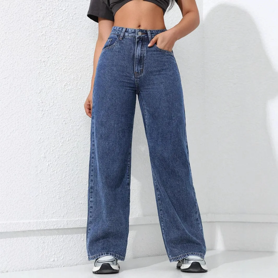 Women's 2025 New American Style Light Blue Washed Wide-Leg Denim Pants, Loose Fit High-Waisted Maxi Jeans for  Casual Wear