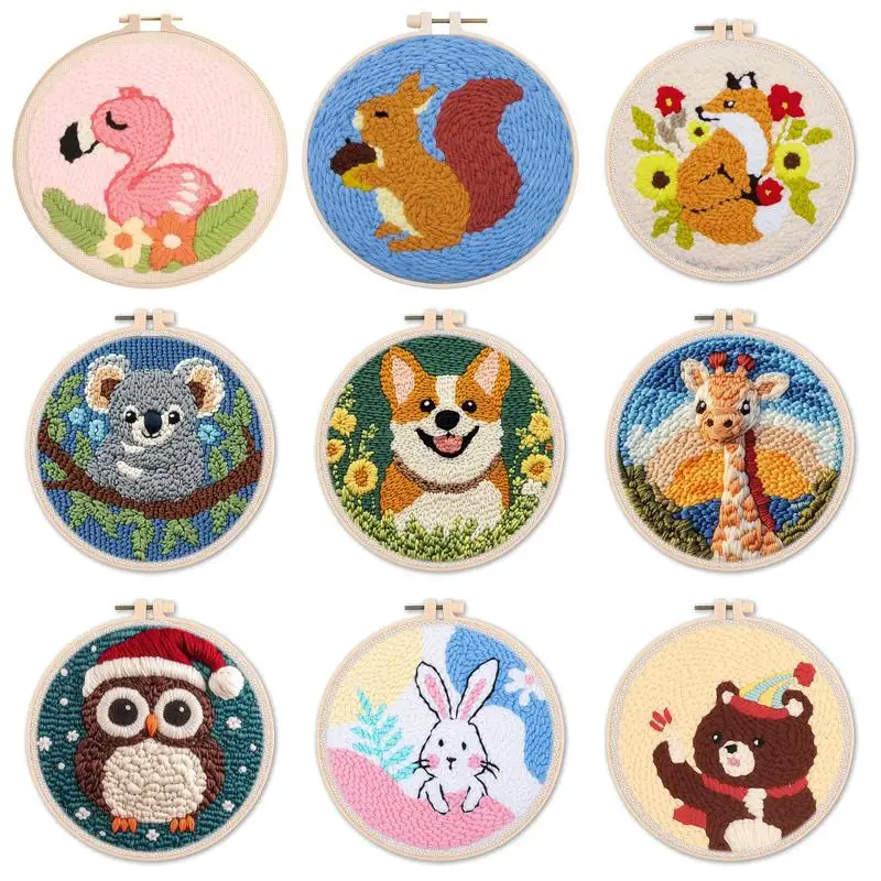 

Cute Animal Punch Needle Kit for Adults Punch Needle Starter Kit with Printed Pattern Punch Needle Frame, Tools and Yarns