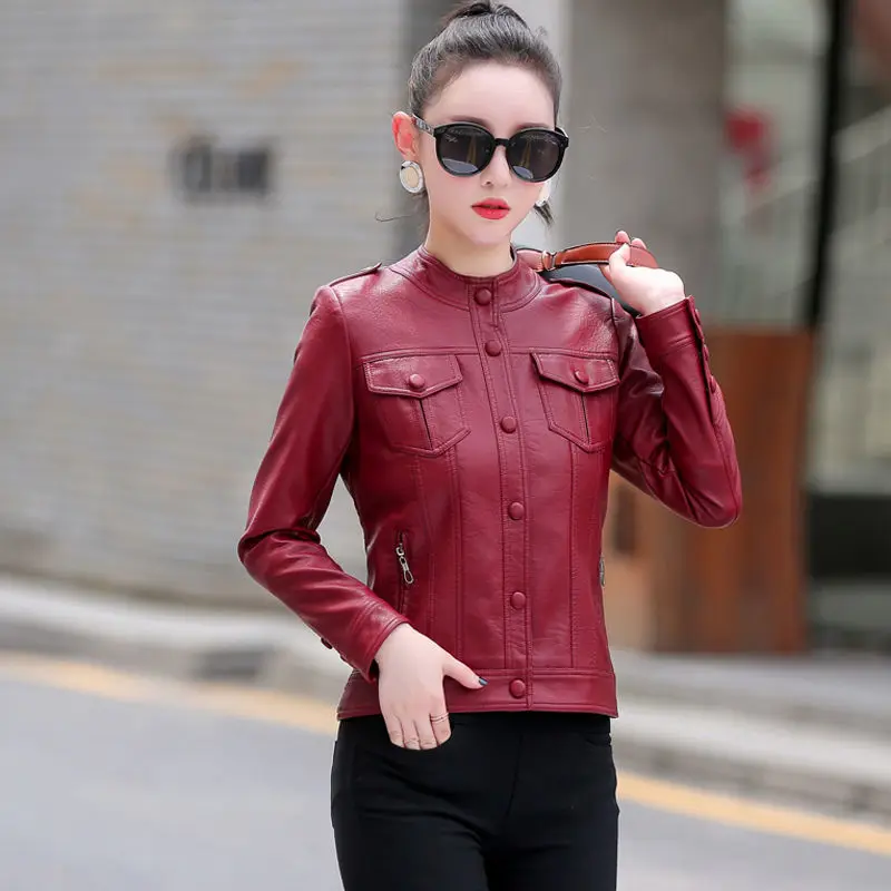 Hot Spring New Women Genuine Leather Jacket Oversized Korean Fashion Female Slim Stand Collar Coat Girl Sheepskin Pocket Outwear