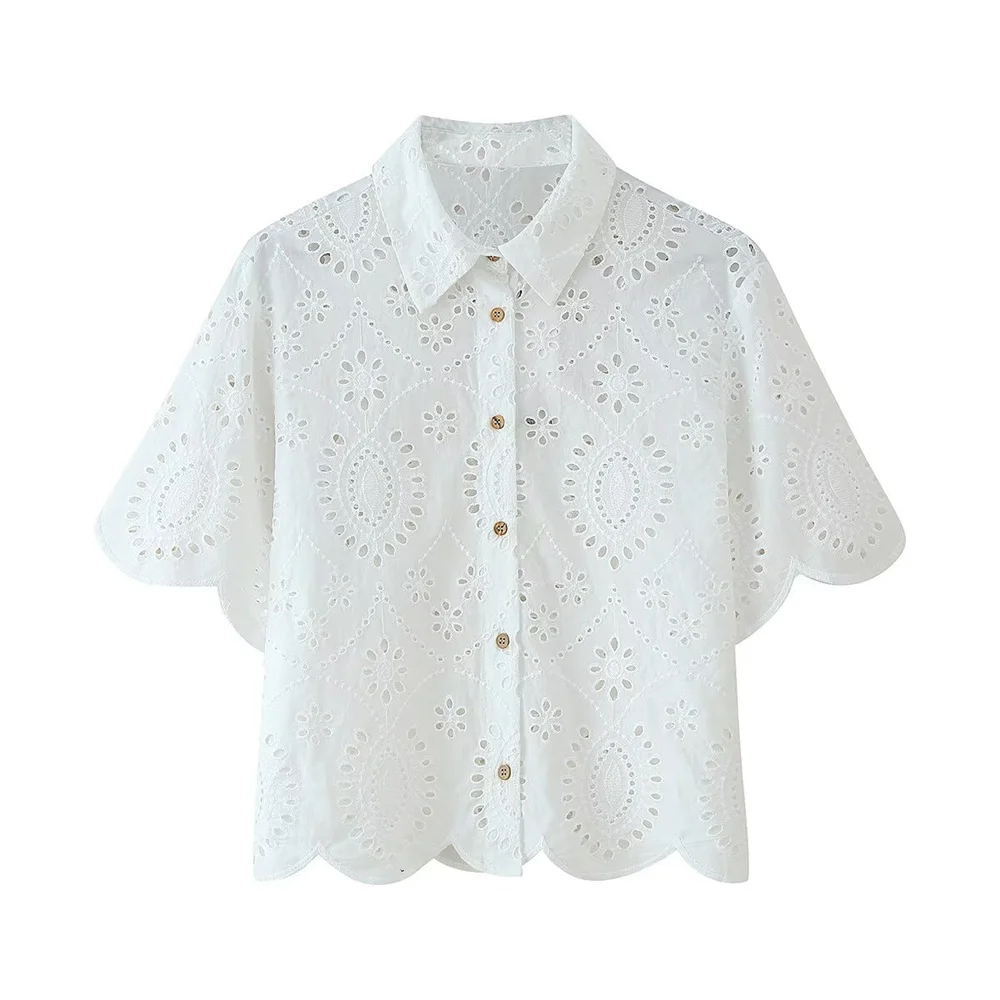 

UNIZERA 2025 new women's casual and elegant design with European and American style hollowed out embroidered shirt