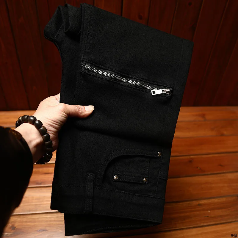 Black Motorcycle Jeans Men's Zipper Design Street Trend Personality Slim Fit Skinny Fashionable Stretch High-End Casual Trousers