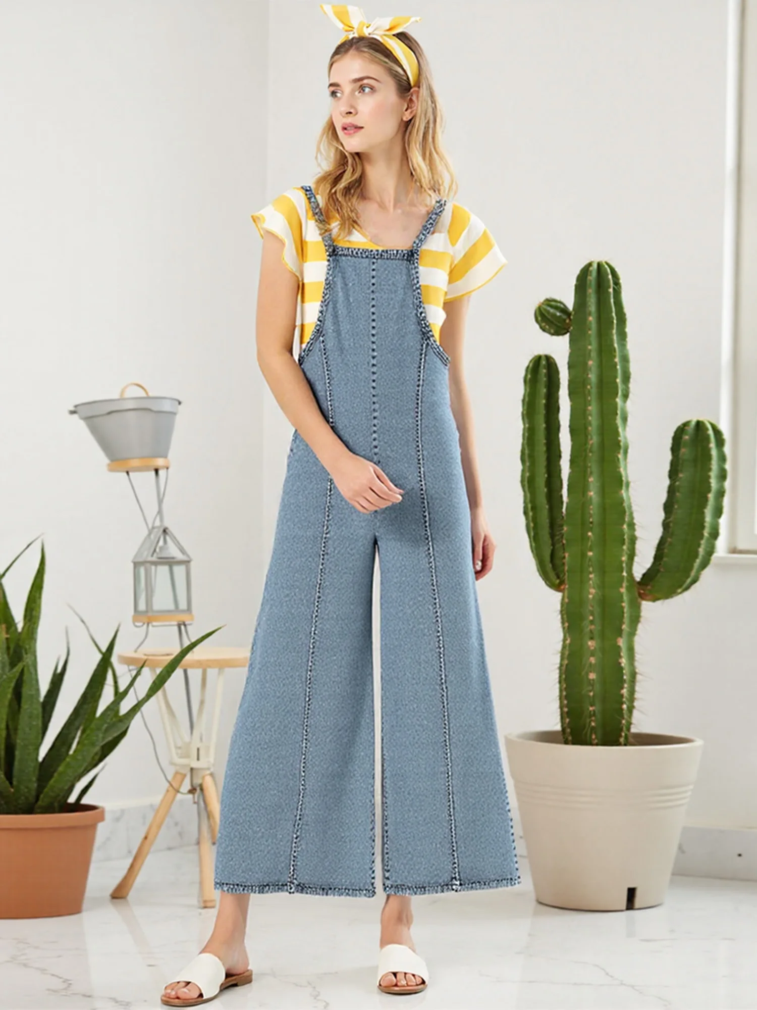 Women s Denim Overalls Loose Vintage Washed Raw Trim Square Neck Open Back Sleeveless Wide Leg Jumpsuit