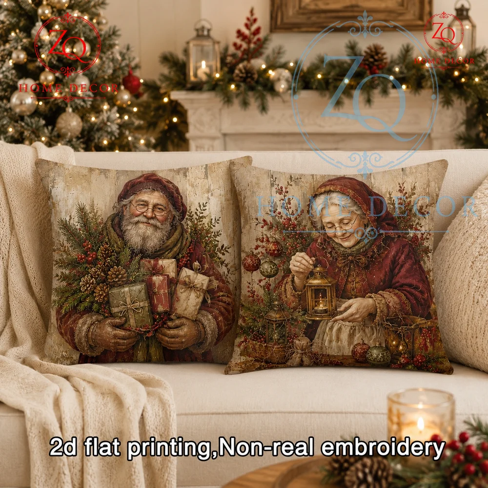 Vintage Santa Claus Christmas Throw Pillow Cover Rustic Farmhouse Holiday Cushion Case for Sofa Couch Bed Xmas Home Decor Gift