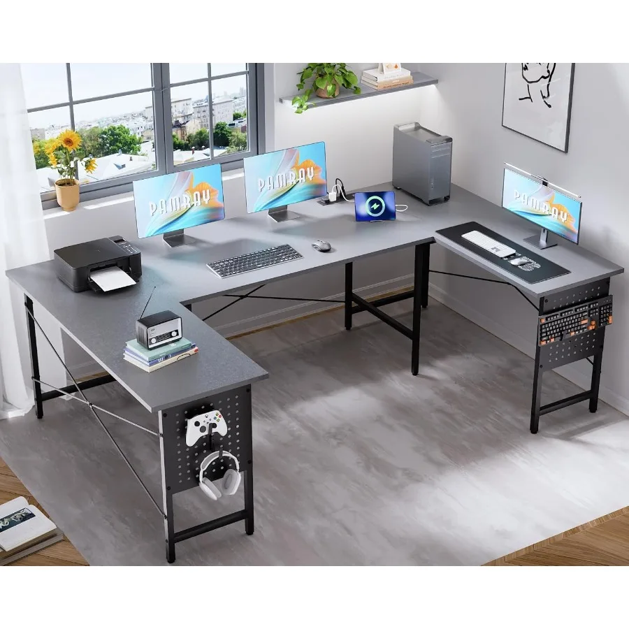 71 Inch Large UShaped Corner Computer Desk with Builtin Power Outlets for Home Office and Gaming Workspaces Modern Grey Design