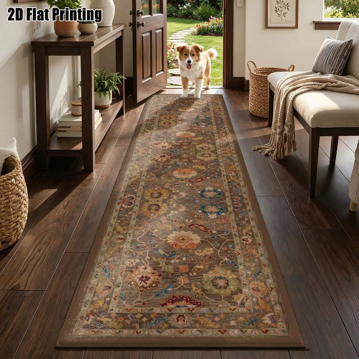 1Pc 2D Printed Long Strip Runner Carpet: Retro Brown Floral, European/Bohemian/Geometric Striped/Nordic Style, Machine Washable, Multi-Size, for Entrance, Corridor, Living Room, Bedroom Home Decor