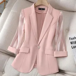 Xpqbb Korean Fashion Patchwork Blazer High-quality Single Button Office Work Suit Coat Lady New Spring Summer Mesh Sleeve Jacket