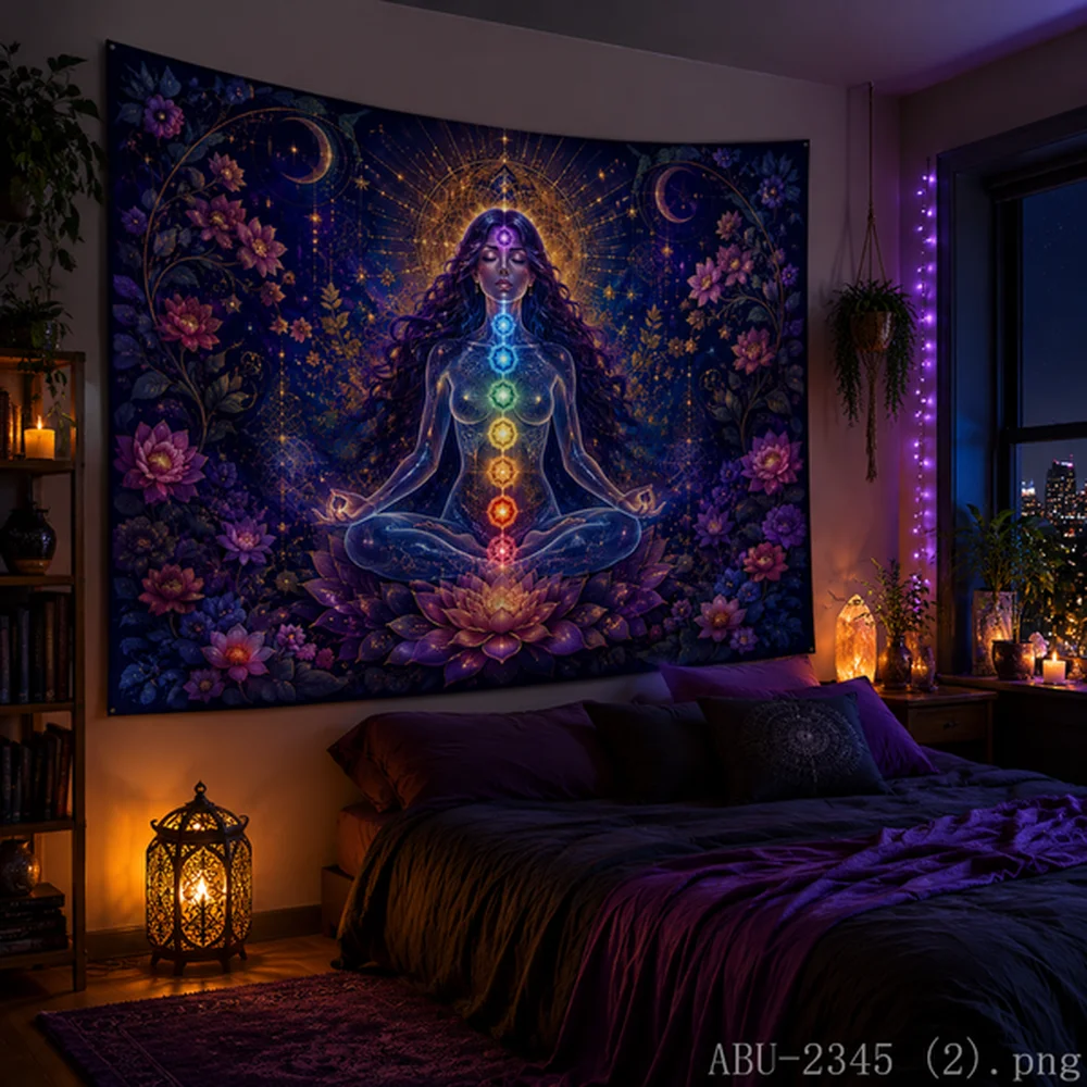 VIKAMA Cosmic Floral Chakra Tapestry Bohemian Energy Wall Art for Dorm Living Room Decor