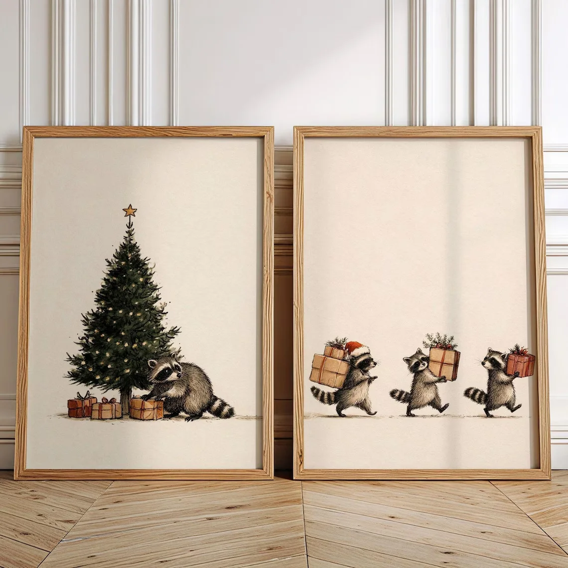 Christmas Wall Art Set of 2, Funny Racoon Holiday Prints, Festive Animal Wall Art
