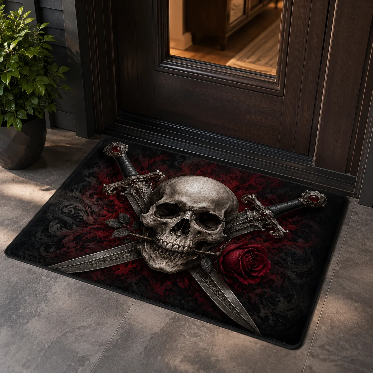 VIKAMA Skull Cross Swords Red Rose Halloween Doormat Anti-Slip Indoor Outdoor Rug Gothic Spooky Front Entrance Welcome Decor Mat